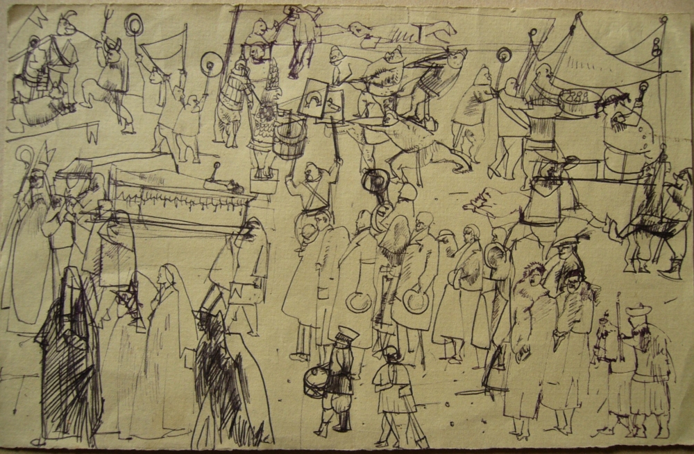 Szkic (3) do  grafik Rytuały, Pompa funebris,1984