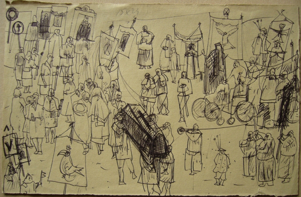 Szkic (5) do  grafik Rytuały, Pompa funebris,1984