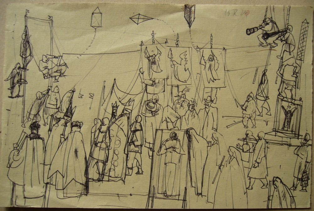 Szkic (7) do  grafik Rytuały, Pompa funebris,1984